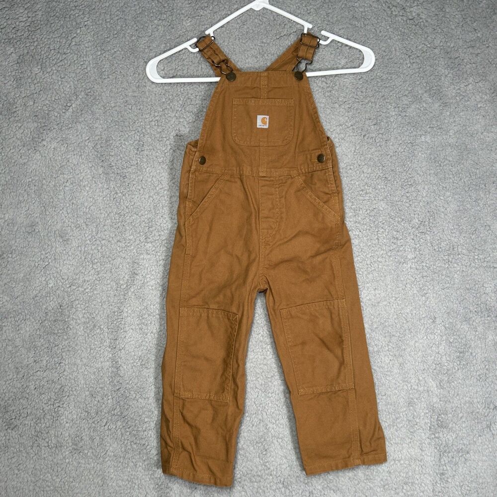 Carhartt Kids Canvas Bib Overalls Sz 3T Brown Double Knee Outdoor Farm **Stain**